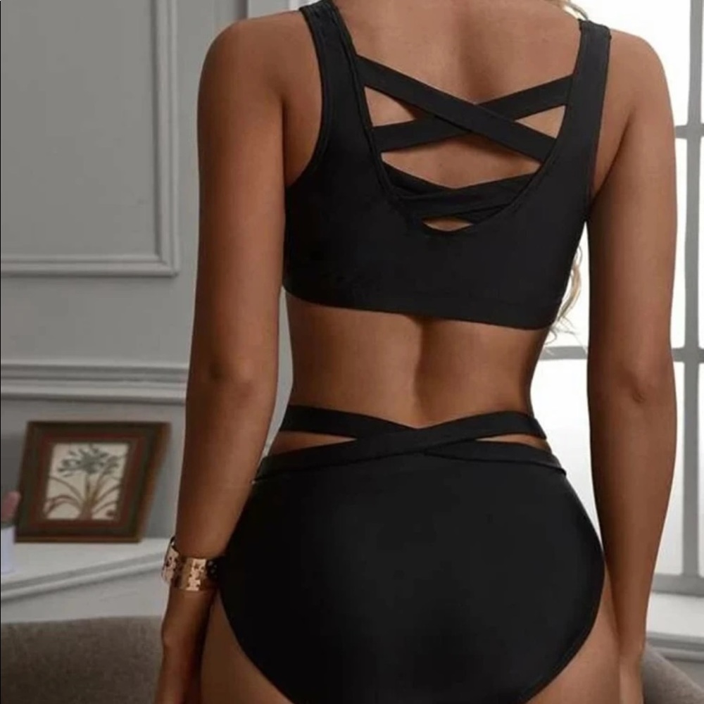 Solid Black High Waisted Flattering Strappy Bikini - Picture 2 of 9